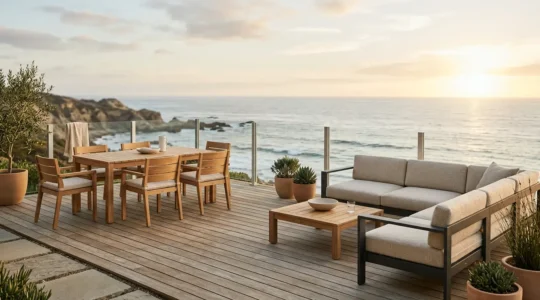 Coastal patio showcasing teak and aluminum outdoor furniture under natural lighting