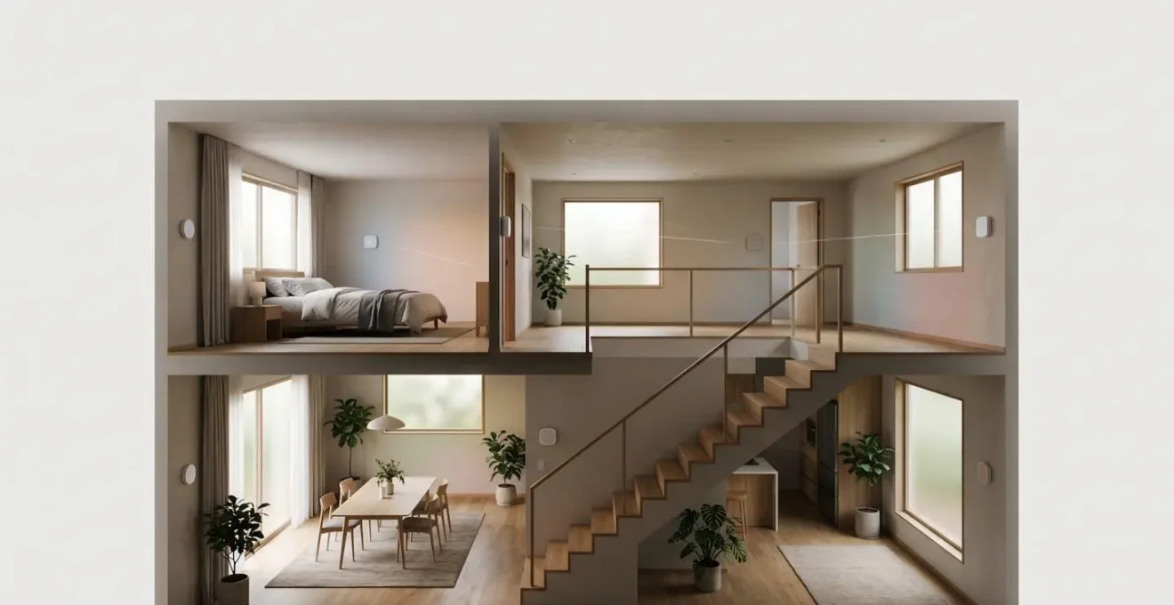 Strategic placement of remote temperature sensors in a home interior showing optimal positioning for balanced climate control