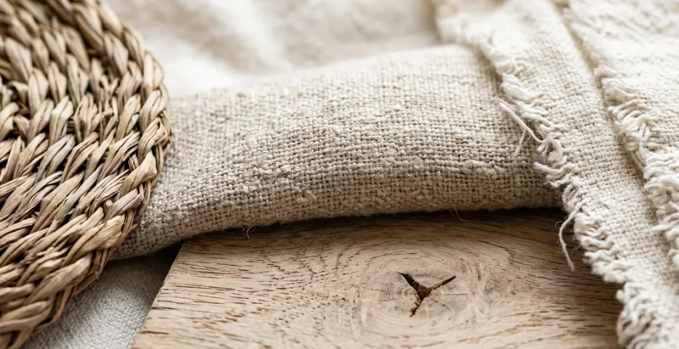 Close-up macro shot showcasing rich textural contrast in a white coastal interior with linen, wood grain, and natural fibers