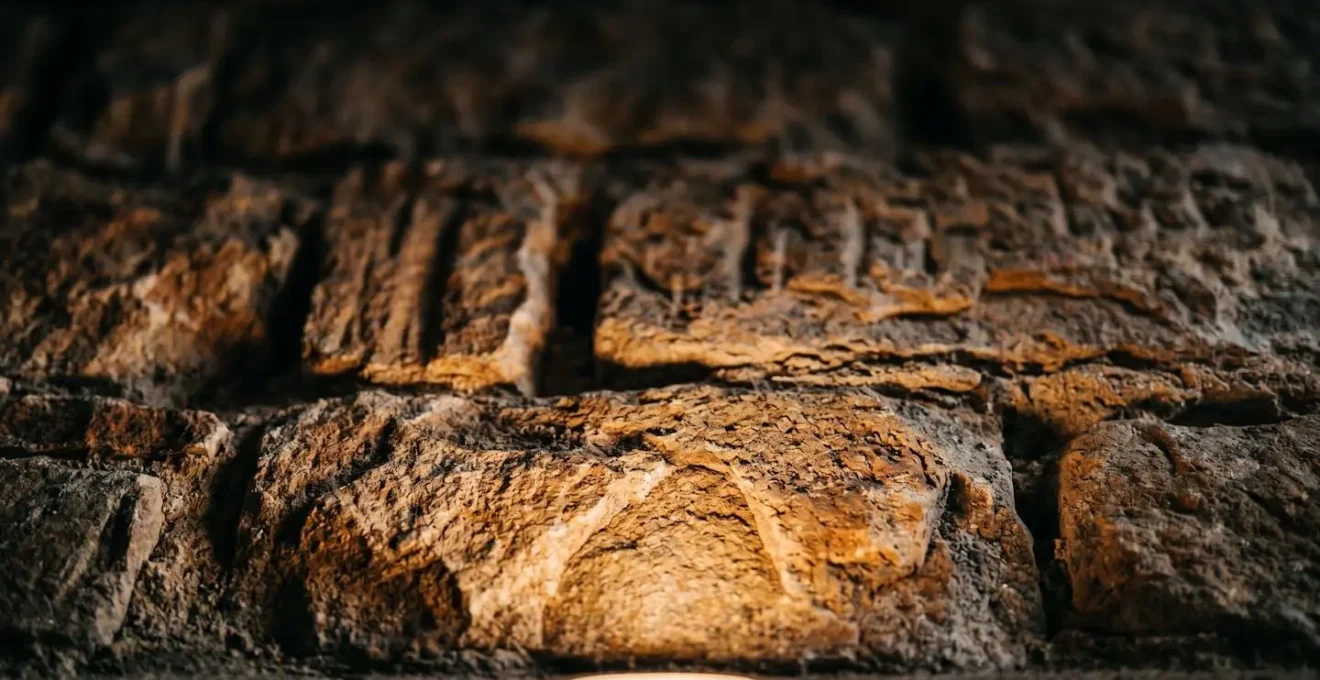 Dramatic uplighting technique on textured outdoor stone wall creating long shadows and depth
