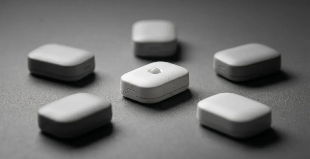 Close-up macro photograph of interconnected smart home sensor devices showing mesh network concept through creative arrangement