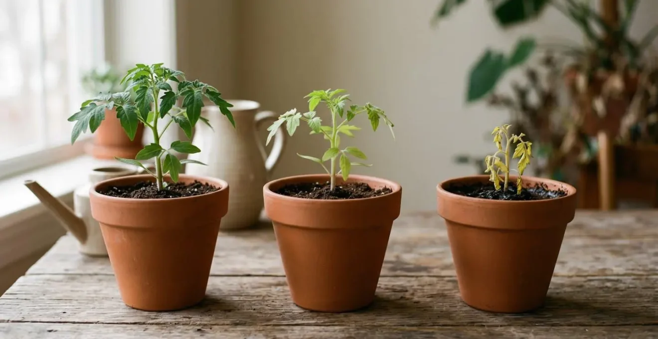 Three seedling pots showing comparative growth test results for compost quality assessment