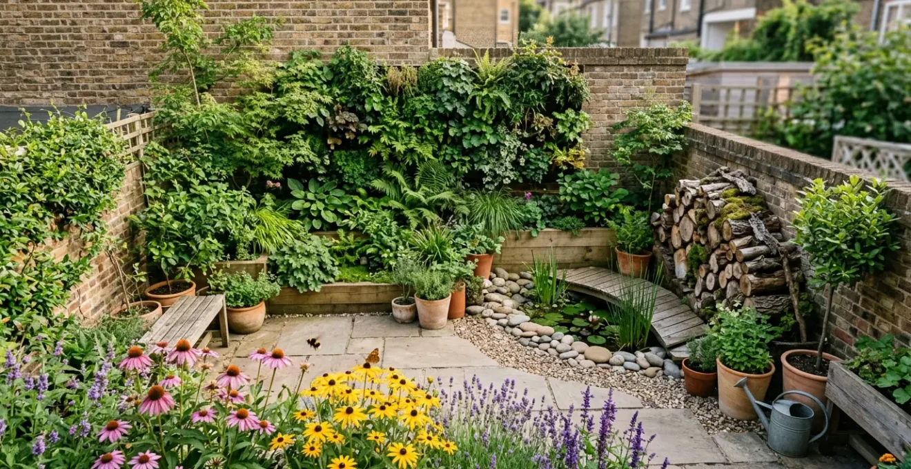 A vibrant 500 square foot urban garden ecosystem with vertical stratification, native plants, water features, and diverse wildlife interactions