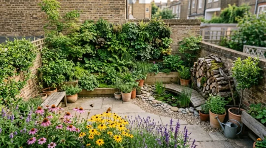 A vibrant 500 square foot urban garden ecosystem with vertical stratification, native plants, water features, and diverse wildlife interactions