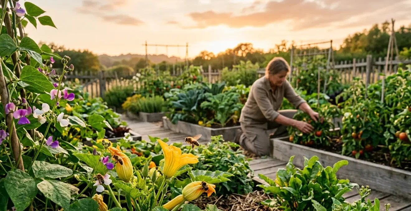 Vibrant vegetable garden with bees actively pollinating flowering plants while maintaining safe distance from gardener
