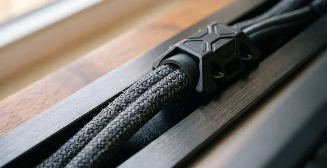 Close-up view of organized cable management system behind entertainment furniture with smart power distribution