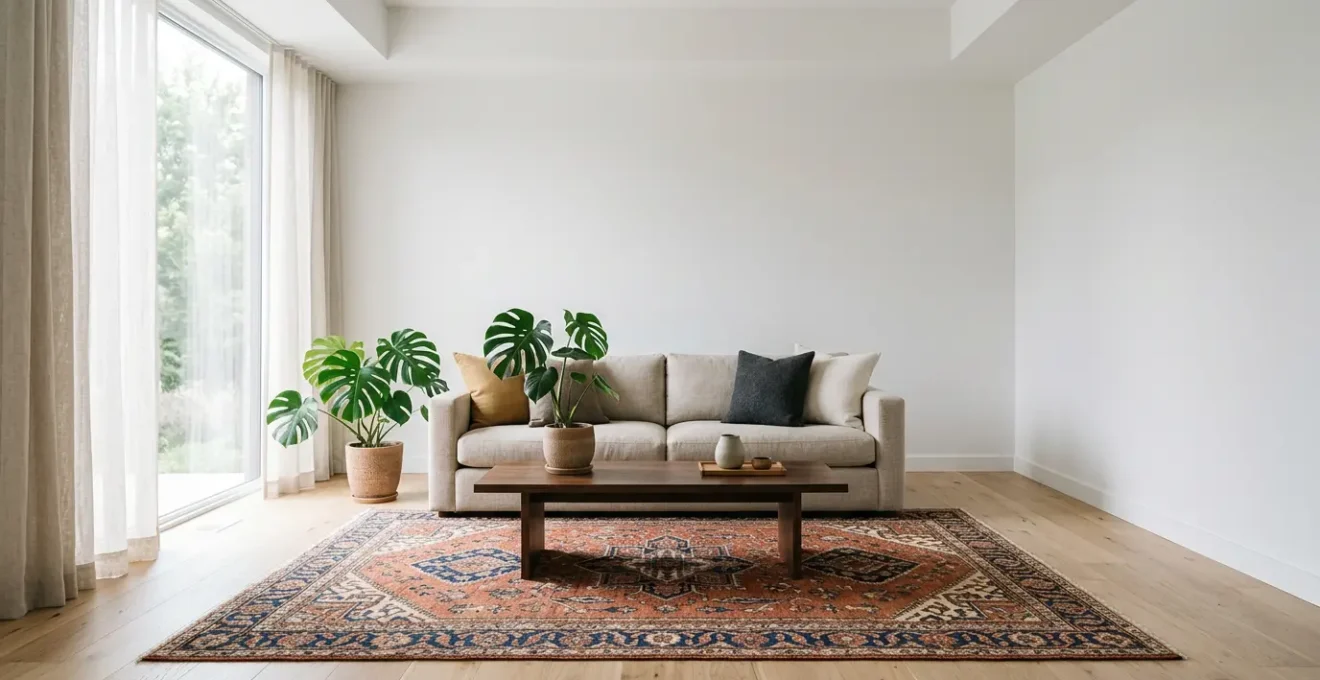 Bold geometric tribal rug anchoring a minimalist modern living room with neutral sofa and natural light
