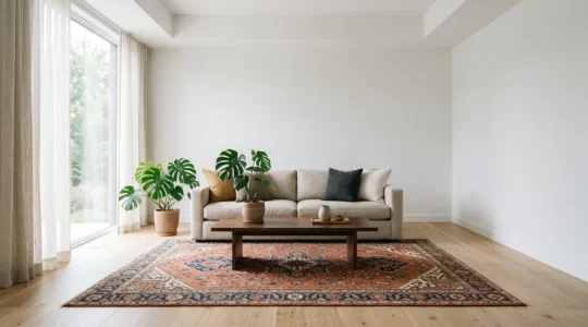 Bold geometric tribal rug anchoring a minimalist modern living room with neutral sofa and natural light