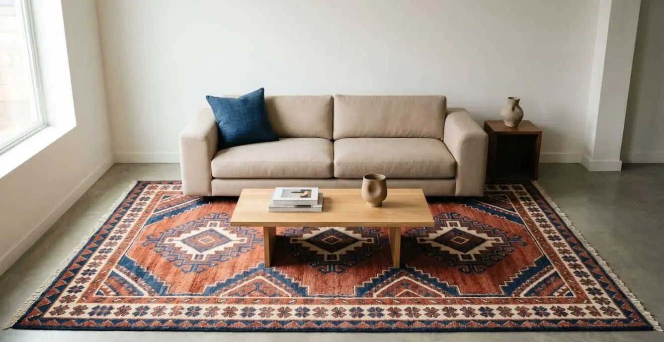 Modern low-profile sofa with tribal rug showing subtle color coordination through accent pillows