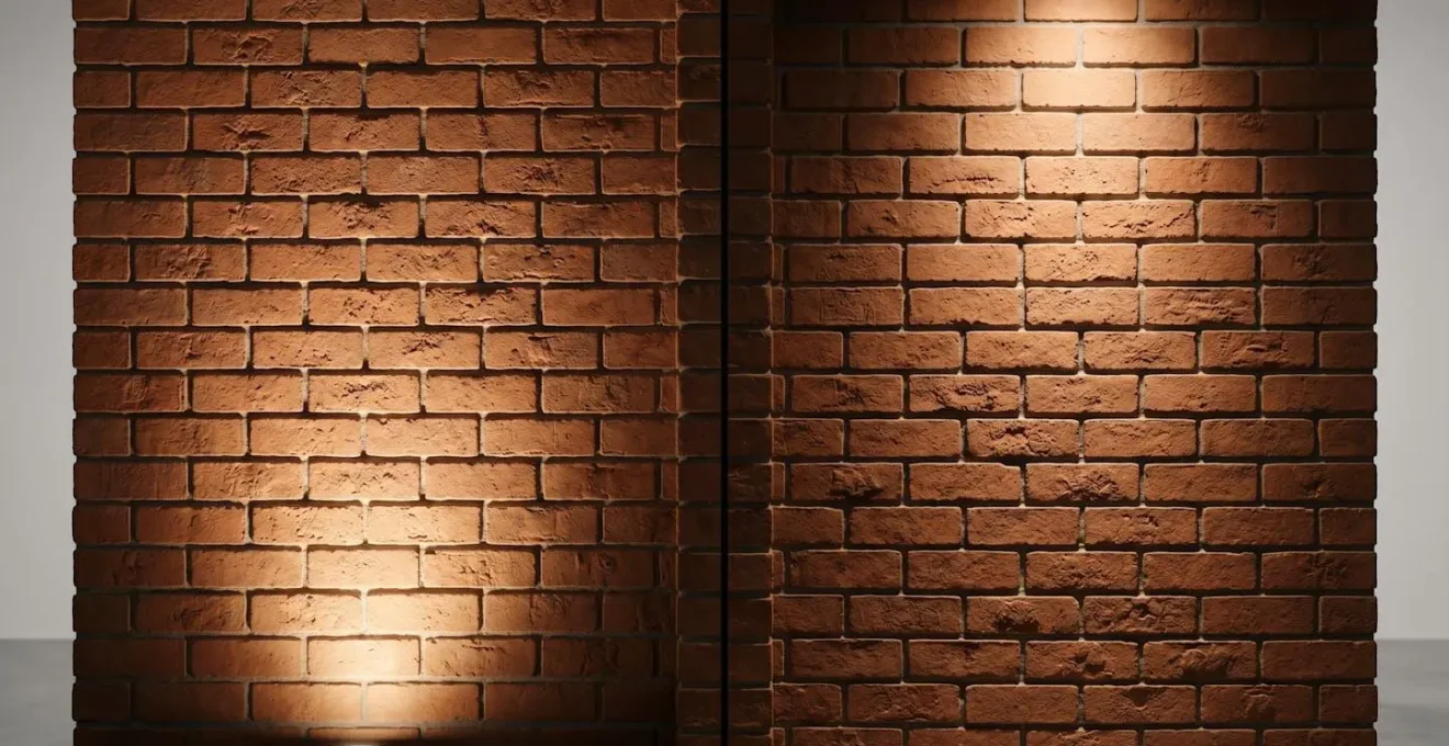 Symbolic comparison showing dramatic lighting effects on textured brick wall surface