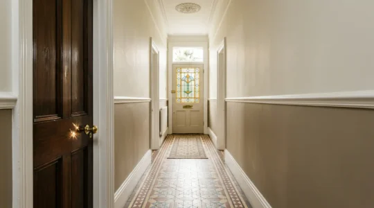 Elegant Victorian foyer with original encaustic floor tiles, brass door hardware, and period ceiling details bathed in warm natural light
