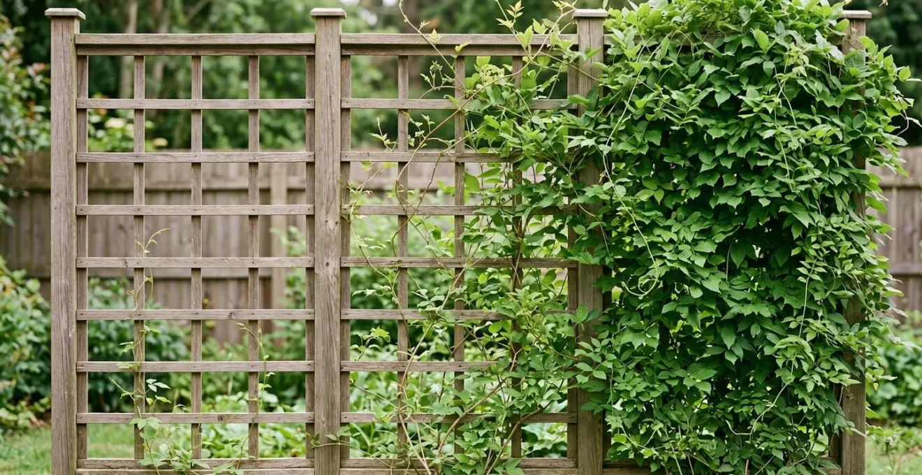 Vertical trellis structure showing progressive vine coverage stages from sparse to dense foliage