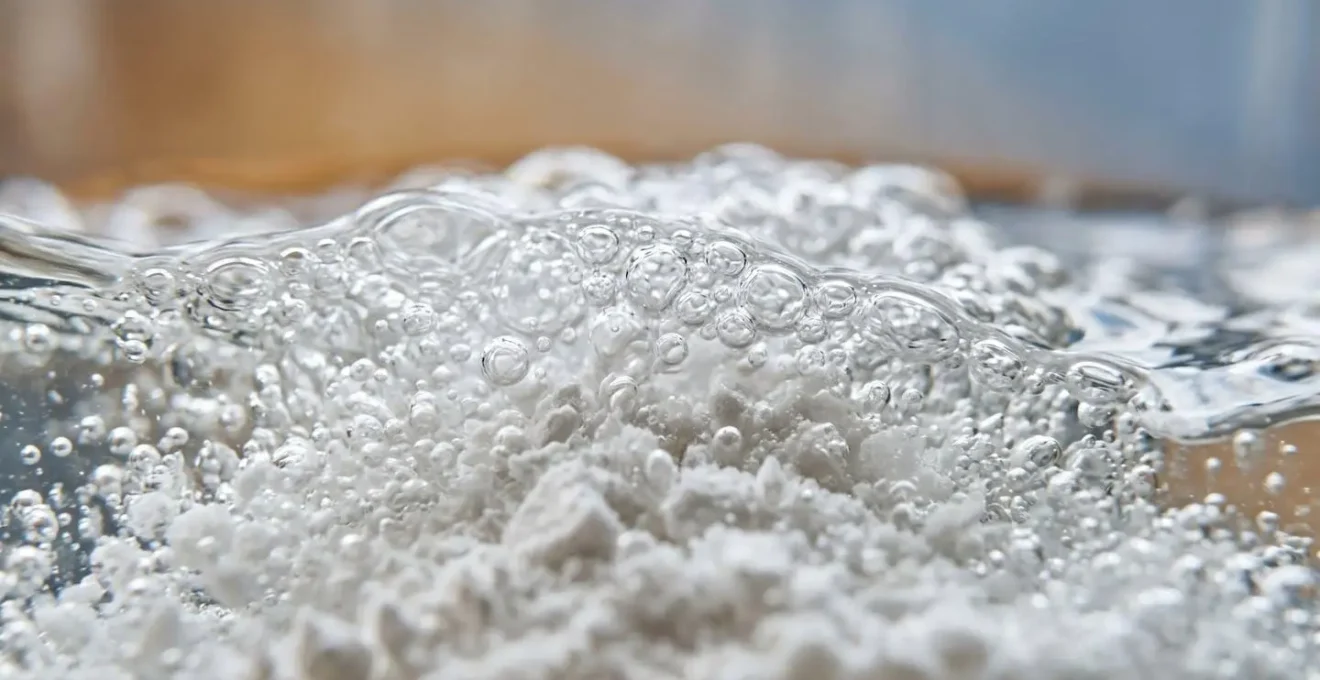 Macro photography of fizzing chemical reaction between natural cleaning ingredients showing bubbles and textures