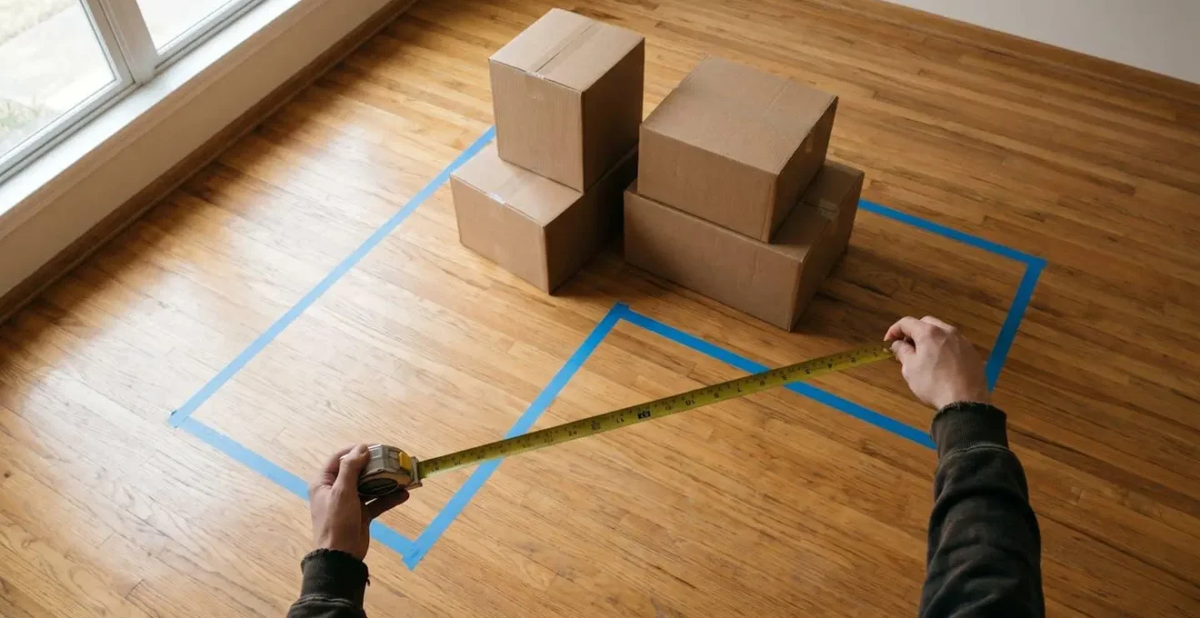 Overhead editorial photograph of painter's tape outline on floor with cardboard mockup showing three-dimensional furniture volume