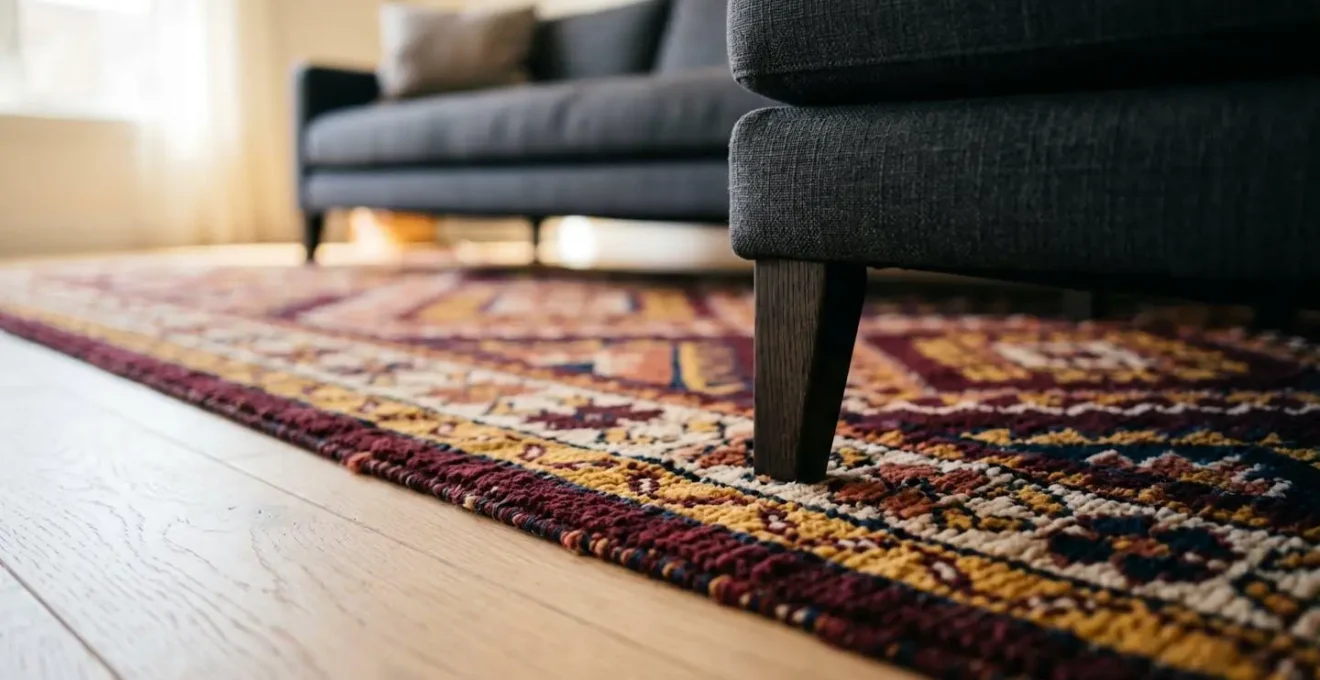 Overhead view showing optimal spacing between bold tribal rug edges and modern furniture legs in neutral living room