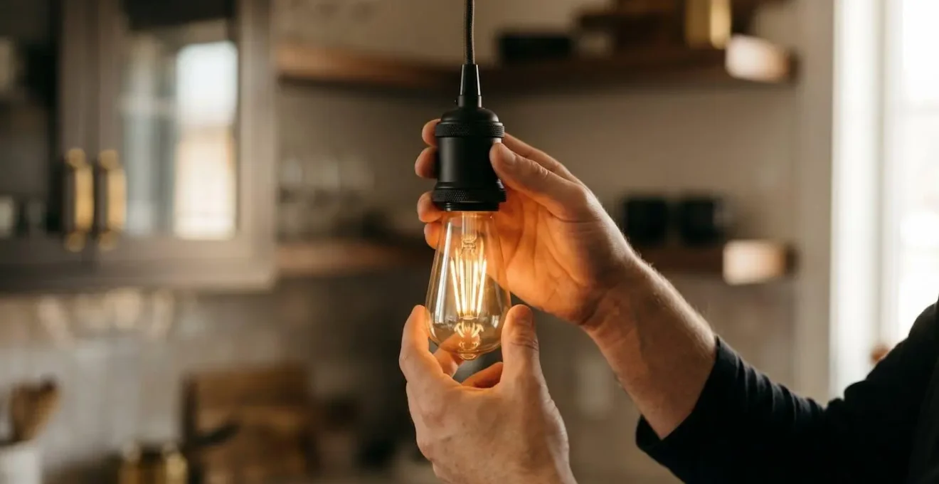 Matte black pendant with warm Edison bulb illuminating brass hardware creating ambient glow