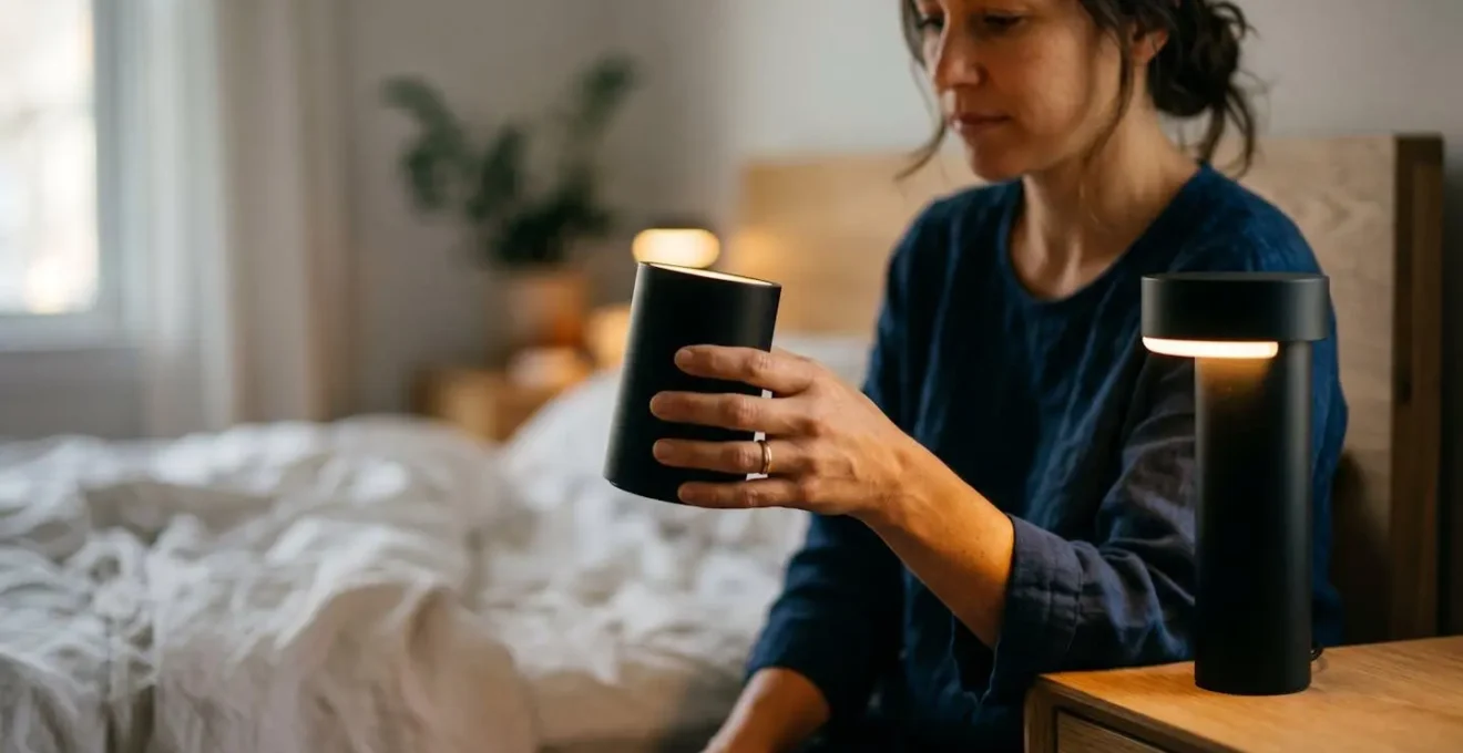 A human-centered view of hands adjusting a minimalist bedside lamp with warm amber glow, capturing the emotional connection to evening light rituals