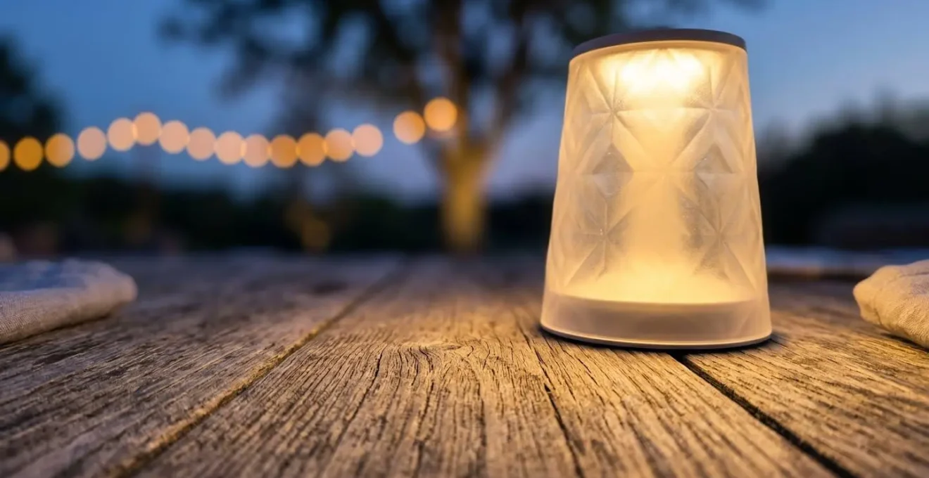 Three-layer outdoor lighting setup with warm ambient string lights and hidden accent lighting creating intimate atmosphere