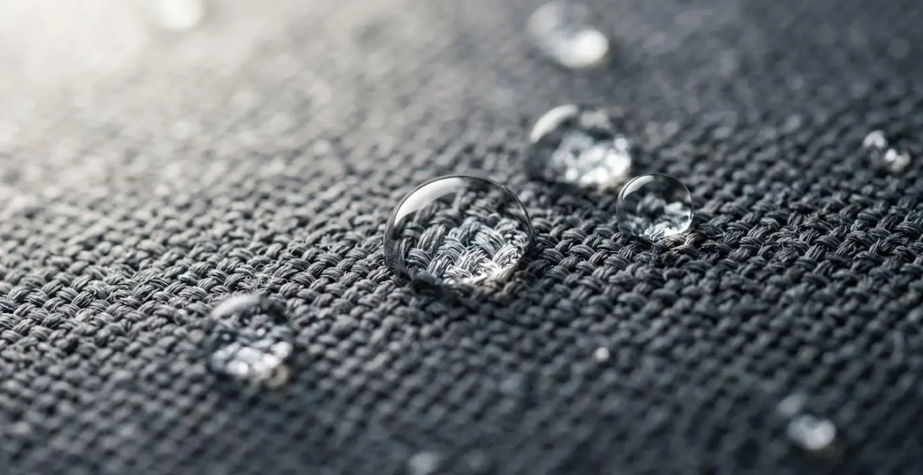 Water droplets beading on high-performance outdoor cushion fabric macro detail