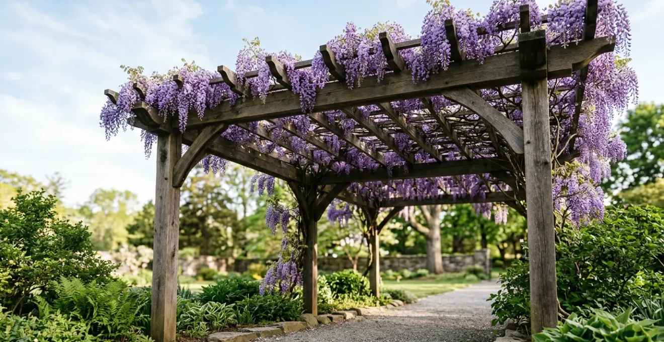 Mature wisteria vine cascading over sturdy wooden pergola structure with purple blooms and engineered support system