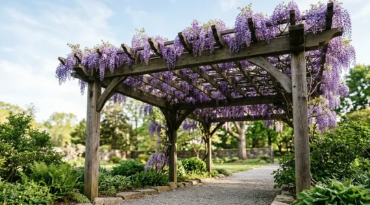 Mature wisteria vine cascading over sturdy wooden pergola structure with purple blooms and engineered support system