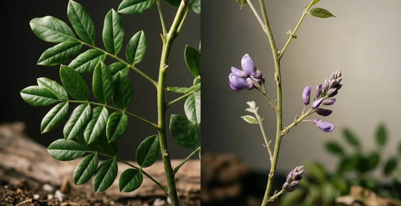 Close-up symbolic composition showing vibrant green wisteria foliage contrasted with absent flower buds representing nutrient imbalance