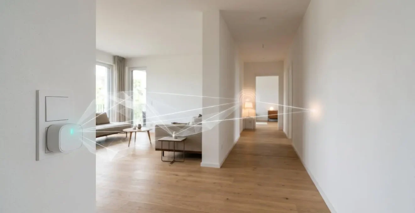 Mains-powered smart plug acting as wireless mesh network repeater in modern home interior