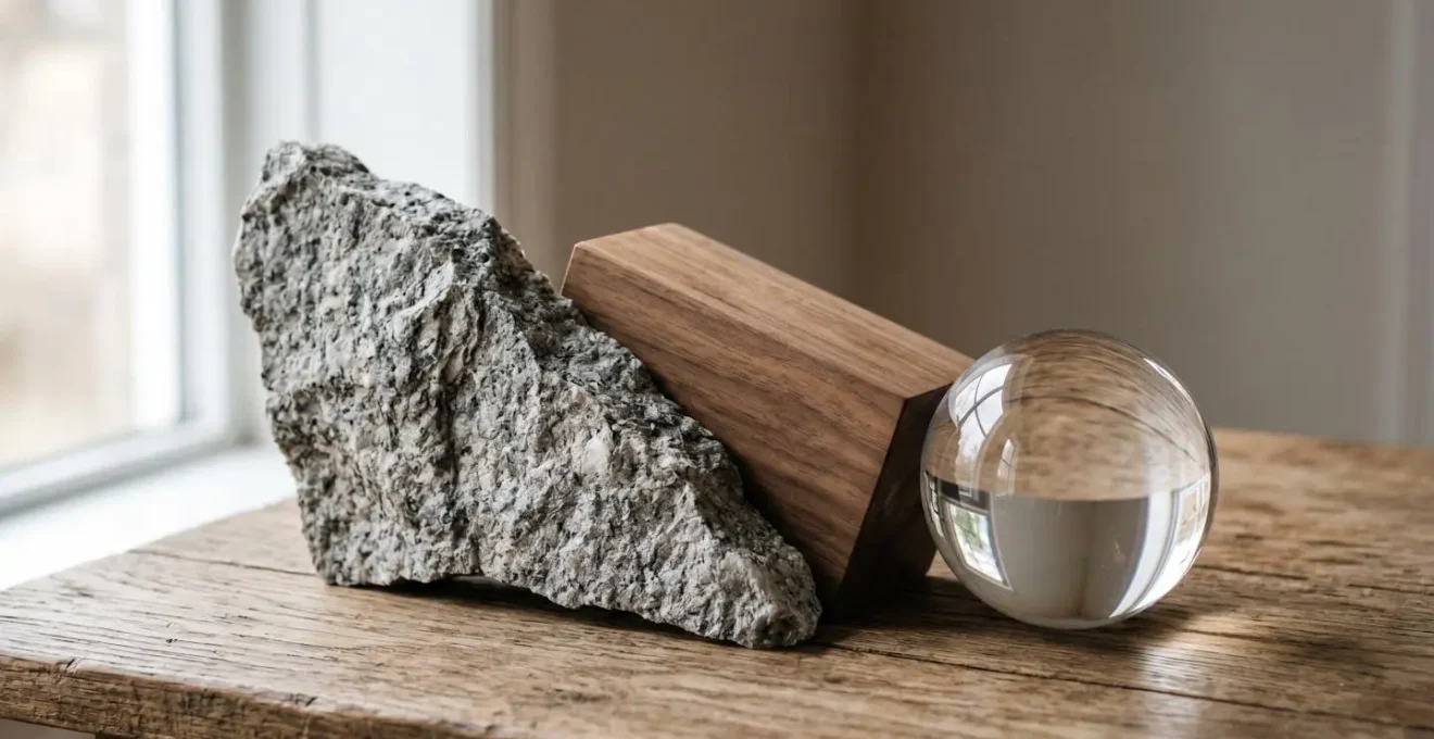 Modern interior vignette showing rough natural stone surface paired with smooth glass creating material contrast